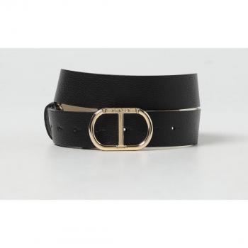 Twinset Women's Reversible Black Leather Belt with Oval T Buckle - Size M