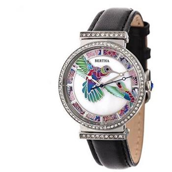 Bertha Emily Mother-of-Pearl Leather-Band Watch - Black Stainless Steel, Silver/Black