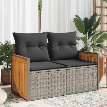 2-Seater Garden Sofa with Cushions in Grey Poly Rattan