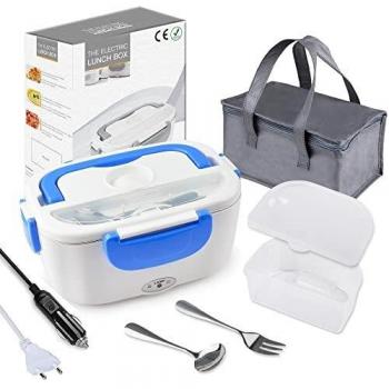 Fiambrera Electrica 2 en 1 12V/220V, Termo para Comida Coche y Trabajo Fiambrera Termica Termo Comida Caliente Acero Inoxidable 1.5L 40W, Tartera Eléctrica Portatil Azúl