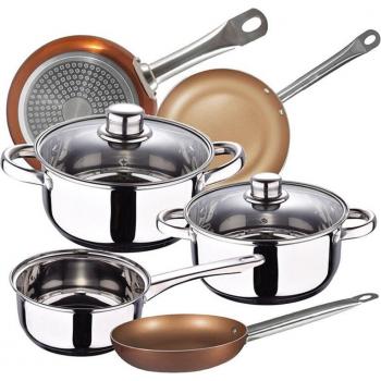 Batería de Cocina San Ignacio Cassel de Acero Inoxidable con Juego de Sartenes Bergner Professional Chef Copper Plus en Aluminio Prensado (incluye sartenes de 20/24/28 cm)