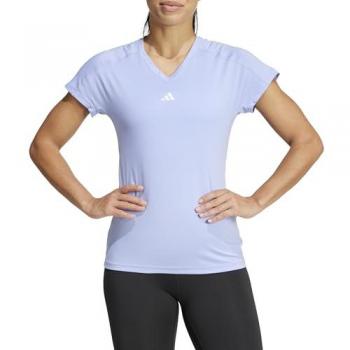 Camiseta de mujer adidas Aeroready Train Essentials Minimal Branding V-Neck, manga corta, color azul claro, diseño minimalista