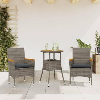 Set de almuerzo de jardín 3 piezas con cojines de Polyrattan y Acacia en color gris