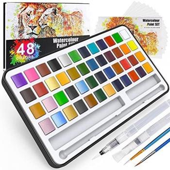 Buluri Caja de acuarelas,48 colores juego de pintura de acuarela+2 plumas de gancho de línea + 2 pinceles para tanque de agua + 10 papeles acuarela-Pinturas para Niños o Profesionales