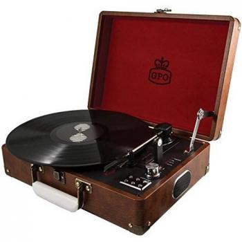 GPO Attache Tocadiscos para vinilos con diseño de maletín y altavoces integrados - Marrón vintage