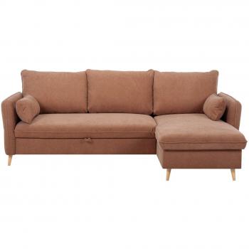 Sofá cama con chaise longue 3-4 plazas con canapé de tela color terracota y madera clara DRISS