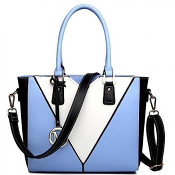 Bolso de Mano y Bandolera para Mujer Miss Lulu en Cuero Sintético, Diseño en Forma de V, Color Azul, Cinturón de Hombro Extraíble