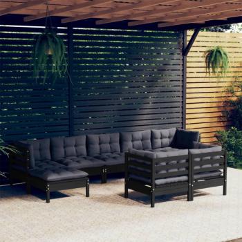Conjunto de Sofás de Jardín 9 Piezas con Cojines en Madera de Pino Negro Sólido