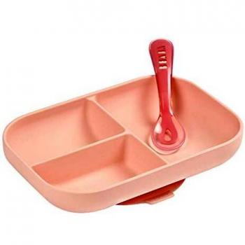 BÉABA Set Comida, Plato Compartimentado de Silicona con Ventosa + Cuchara de Silicona, Adhiere a la mesa/bandeja de la trona, Compatible con el microondas, Rosa