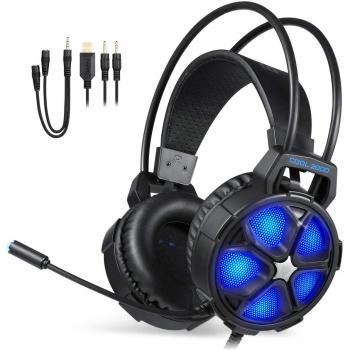 [2019 Versión] EasySMX Cool 2000 Auriculares Estéreo con Micrófono y Control de Volumen con Cable 2 en 1 para PC, Mac, Xbox One, PS4, Smartphone, Nintendo Switch, Iluminación LED