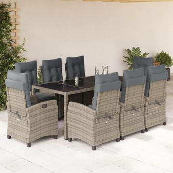 9-Piece Grey Poly Rattan Garden Dining Set with Cushions