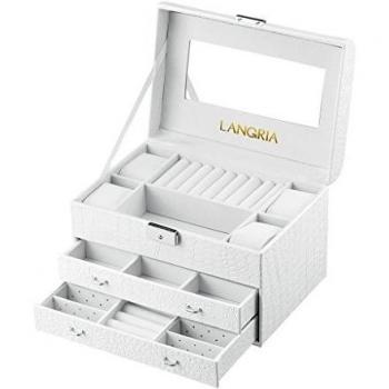 LANGRIA Joyero Rectangular de Piel de Cocodrilo Artificial, con Compartimentos Extraíbles, Cierre con Llave, Interior Aterciopelado y con Espejo, Organizador para Joyas, Bisutería, Accesorios, Maquillaje