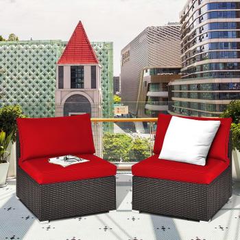 2-Piece Rattan Patio Armless Chair Set with Red Cushions