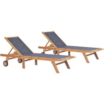 Cunas plegables con ruedas 2 piezas Teak Textilene Solid y Tumbonas plegables con ruedas 2 uds teca maciza y textilene