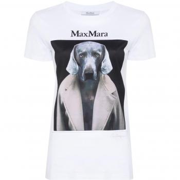 Max Mara Women's Large Pink Cotton T-Shirt with Dog Print