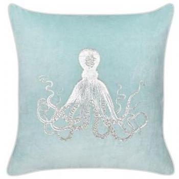 Cojín Decorativo Cuadrado de Terciopelo Azul con Motivo de Pulpo Marino 45 x 45 cm Relleno de Poliéster Laminaria