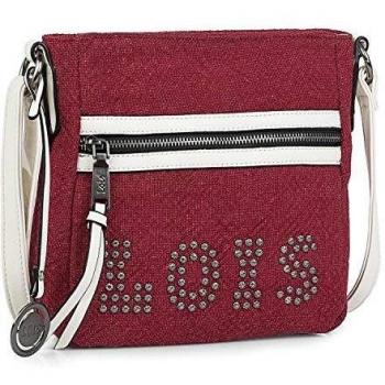 Lois - Bolso Bandolera de Mujer. Cierre Cremallera. Lino y Cuero PU Polipiel. Logo con Remaches. pequeño cómodo y para Uso Diario. 301044, Color Rojo