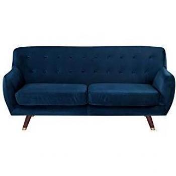 Sofá 3 plazas de terciopelo azul marino con respaldo acolchado abotonado y patas de madera Bodo