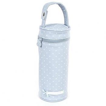 Pasito a Pasito - Funda para biberón Atelier en polipiel azul con topito blanco