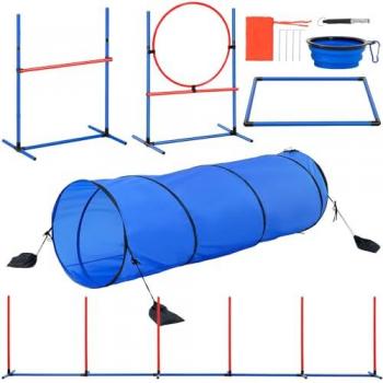 VEVOR 5-Piece Adjustable Dog Agility Training Equipment Set with Hurdles, Weave Poles, Tunnel, Jump Ring, Pause Box, Whistle, and Foldable Bowl