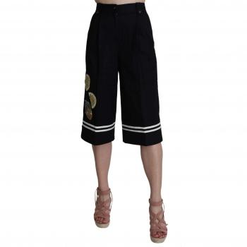 Dolce & Gabbana Black Cotton Cropped Embellished Pants - IT36 | XS, Long Shorts, female, Black, Size: 3XS Black High Waist 3/4 Pants