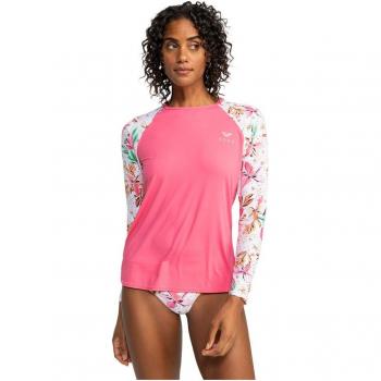 Camiseta de surf Roxy Printed Flowers para mujer, manga larga, color rosa con estampado blanco y verde, talla L