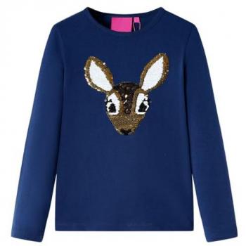 Camiseta Infantil de Manga Larga Ciervo de Lentejuelas Azul Marino 140