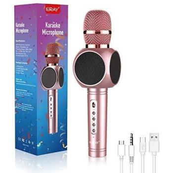 ERAY Micrófono karaoke Bluetooth, Micrófono Inalámbrico Karaoke 4 en 1, 2 Altavoces Incorporados, 3.5mm AUX, Compatible con Smartphone, Buen Regalo para los Niños o Adultos, Color Rosa