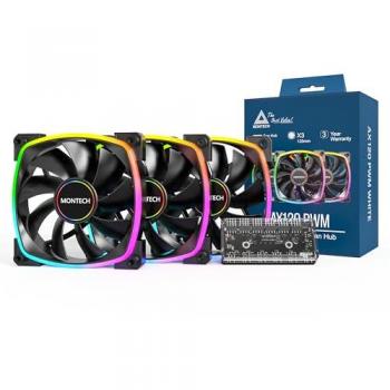 Montech Ventilador AX120 PWM ARGB 120mm Negro (Pack 3) - Ventilador PWM de alta velocidad (1600 RPM), rendimiento silencioso, durabilidad con rodamiento HDB, diseño de iluminación ARGB en