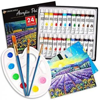 Pintura Acrilica, 24x12ml Set de Pinturas Acrílicas con 3 Pinceles, 1 Paleta, 2 Lienzo, para Tela, Cerámica, Madera, Papel y Manualidades, para Principiantes y Niño