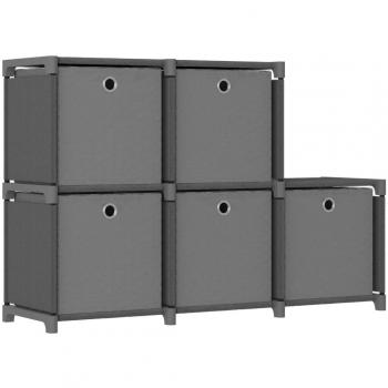 Estantería con 5 cubos y cajas de tela gris, dimensiones 103x30x72,5 cm
