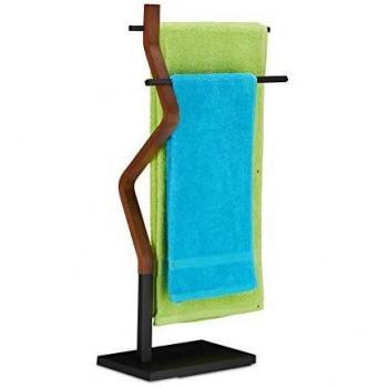 Portatoallas de Pie Zigzag Relaxdays, Toallero de Madera y Metal, 2 Barras para Toallas de Mano y Paños de Cocina, Negro y Marrón