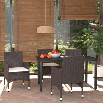 5-Piece Brown Poly Rattan Garden Dining Set with Cushions