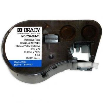 Cinta para impresora de etiquetas Brady, color Negro sobre fondo Amarillo, compatible con BMP41, BMP51 y BMP53; Etiquetas de plástico Brady MC-750-584-YL, dimensiones 19,05 mm x 6,