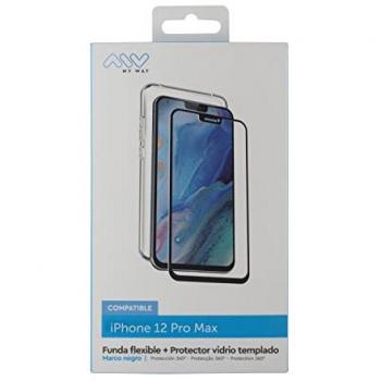 Funda Compatible con Apple iPhone 12 Pro MAX + Protector Pantalla Vidrio Templado Plano Marco Negro