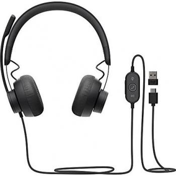 Logitech Zone 750 Auriculares Over-Ear con cable y micrófono con cancelación de ruido, USB-C y adaptador USB-A, compatibilidad plug-and-play para todos los dispositivos - Gris