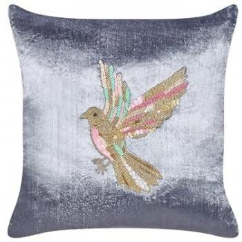 Cojín Decorativo de Terciopelo Gris 45x45 cm con Bordado de Pájaros, Funda Desmontable y Hecho a Mano Ruellia