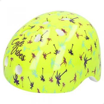 Casco Infantil Ajustable CB Riders, Amarillo Fosforito con Estampado de Palmeras, Cierre de Clic y PVC Resistente para Bicicleta, Patinete y Skate, +3 años