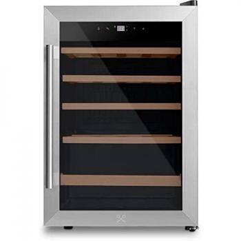Cava de vino 20 botellas con 4 estantes de madera, puerta de acero inoxidable anti-UV, sistema termodinámico ajustable de 4°C a 18°C, silenciosa y con iluminación