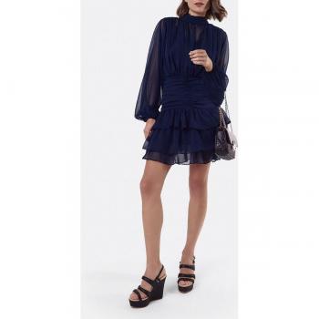 Vestido corto azul marino en poliéster con cintura drap gasa