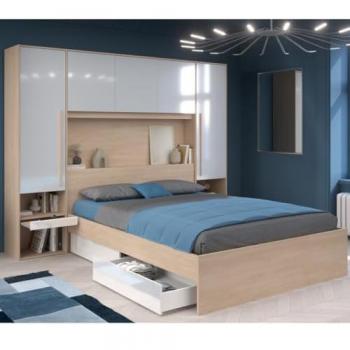 Pack Dormitorio Completo John con Cama de 160x200 cm, Cabecero Puente y Cajones en Roble Brooklyn y Blanco Shiny