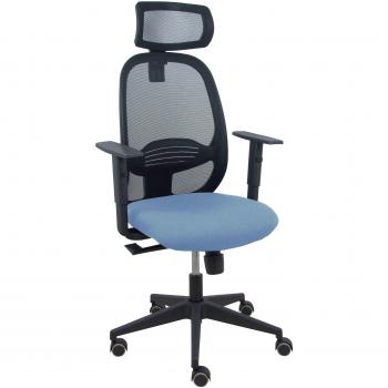 Silla Cilanco negra con malla negra, asiento Bali azul cielo, brazo regulable y cabecero regulable