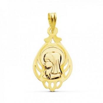 Medalla Virgen Niña de Oro 18k para Primera Comunión de 21 mm. con forma de gota y detalles calados