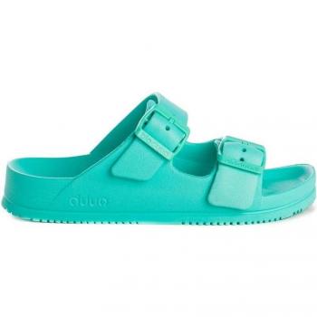 Sandalias planas de mujer DUUO en color turquesa con doble hebilla