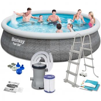 Bestway Piscina Hinchable Fast Set Ratán 457x107 cm con Depuradora Cartucho 2.006 l/h y Escalera