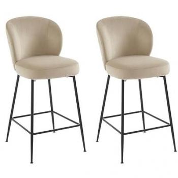 Lote de 2 taburetes de bar de terciopelo y metal negro - Beige - POLPONA
