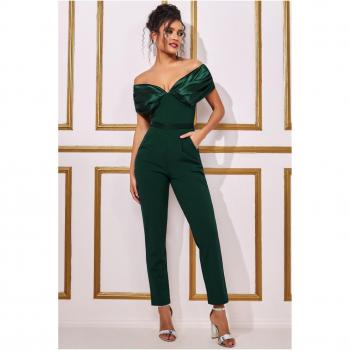 Goddiva Corset Bodice Scuba & Satin Bardot Jumpsuit - Emerald