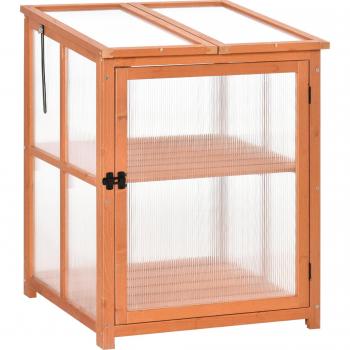 Outsunny Mini Invernadero de Jardín con Estantes, Puerta Abatible y Tapa para Cultivo de Plantas en Terraza y Patio 62x63x82 cm Natural