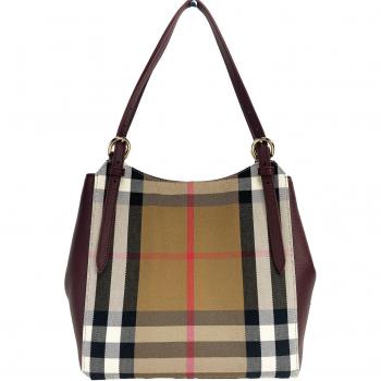 Burberry Small Canterby Mahogany Leather Check Canvas Tote Bag Purse, Multicolor female, Size: ONE SIZE