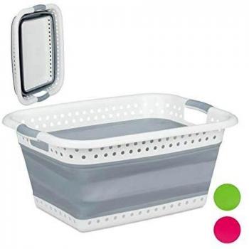 Cesto de Ropa Plegable con Manijas, Plástico y Silicona, Almacenamiento Compacto, 27x61x45.5 cm, Gris